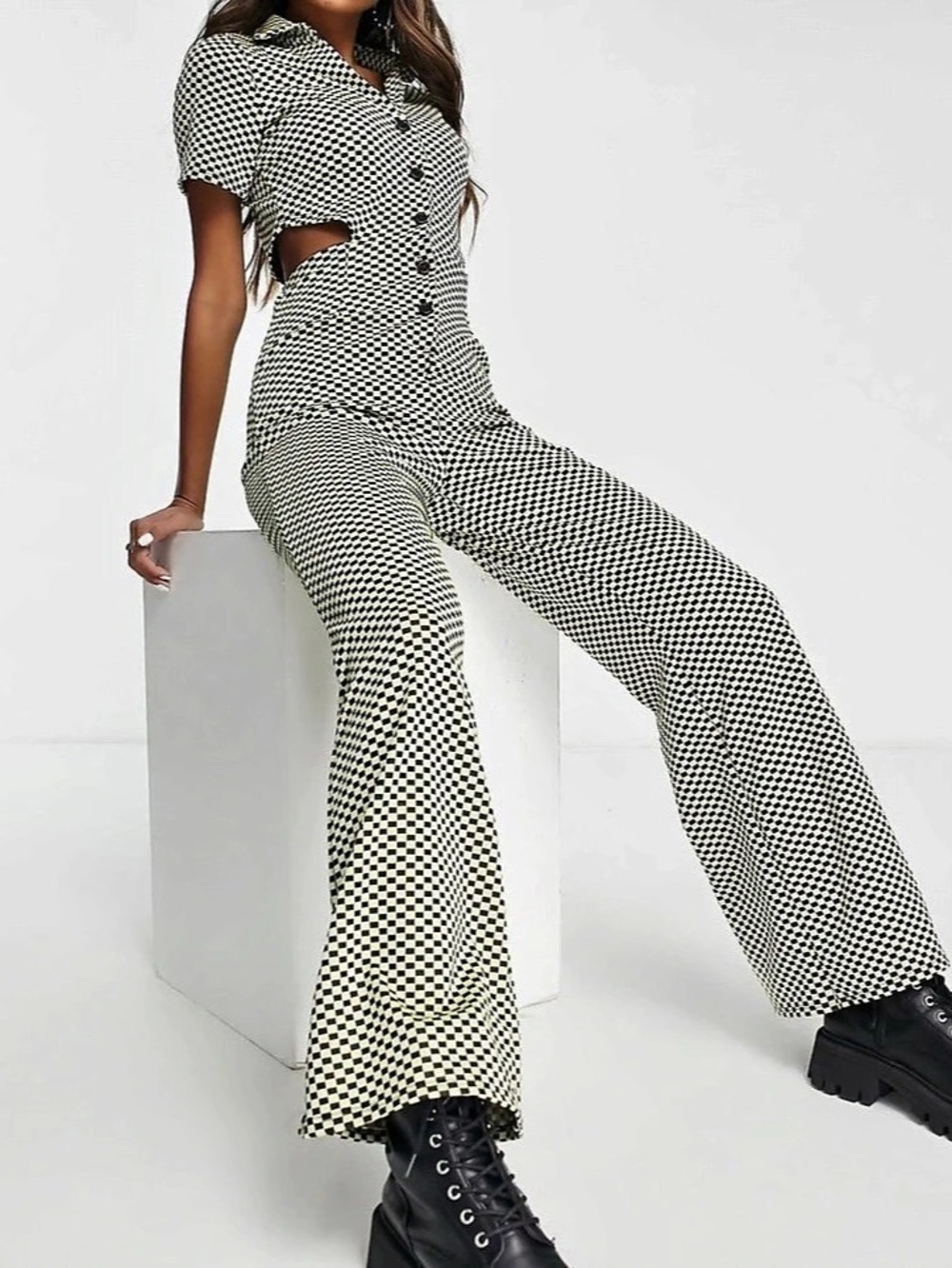 ASOS DESIGN jersey jacquard collar retro jumpsuit in checkerboard